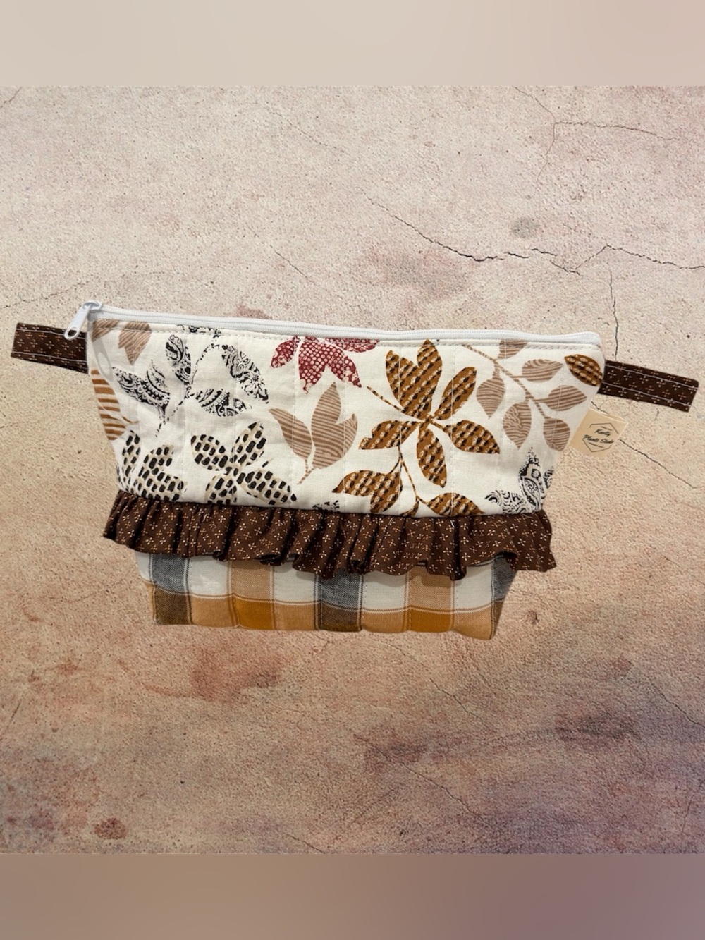 Floral Plaid Ruffle Cosmetic Pouch in Brown and Cream